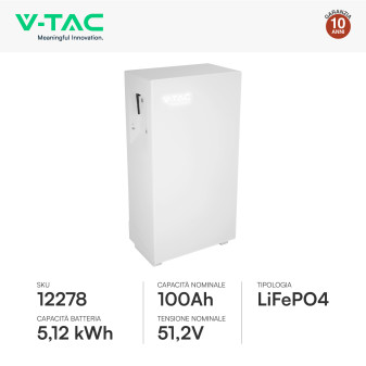 V-Tac Batteria BMS LiFePO4 51,2V 100Ah 5,12kWh Garanzia 10 Anni