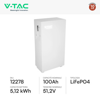 V-Tac Batteria BMS LiFePO4 51,2V 100Ah 5,12kWh Garanzia 10 Anni