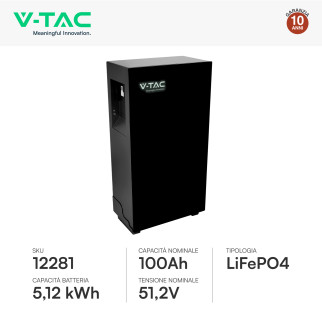 V-Tac Batteria BMS LiFePO4 51,2V 100Ah 5,12kWh Garanzia 10 Anni Nero