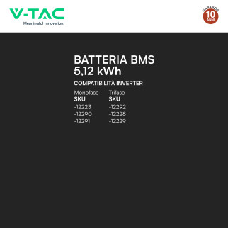V-Tac Batteria BMS LiFePO4 51,2V 100Ah 5,12kWh Garanzia 10 Anni Nero