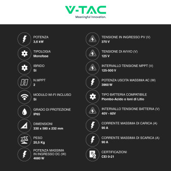 Inverter Ibrido 3.6kW Monofase IP65 Pannelli Solari V-Tac