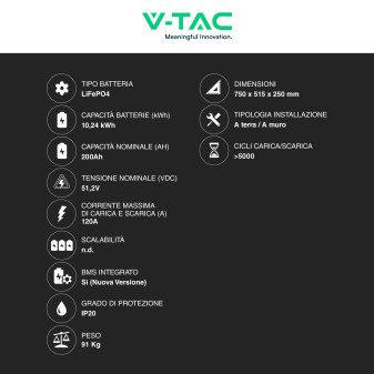VT-12040 Accumulatore 10,24kWh Impianti Fotovoltaici CEI 0-21 V-Tac