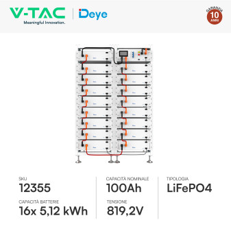 V-Tac Kit 16 Batterie BMS Stack LiFePO4 81,92kWh Garanzia 10 Anni