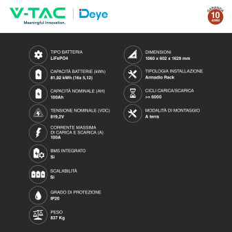 V-Tac Kit 16 Batterie BMS Stack LiFePO4 81,92kWh Garanzia 10 Anni