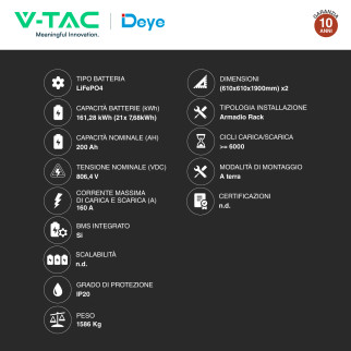 V-Tac Kit 21 Batterie BMS Stack LiFePO4 161,28kWh Garanzia 10 Anni