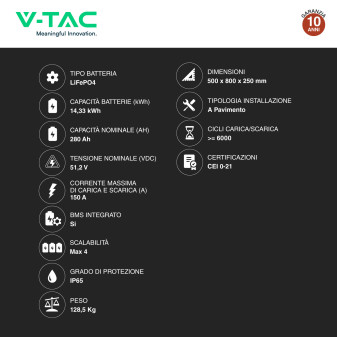 VT-48280 Batteria LiFePO4 14.33KWh IP65 Fotovoltaico V-Tac