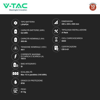 Accumulatore 9,60kWh LiFePO4 BMS Fotovoltaico CEI 0-21 V-Tac