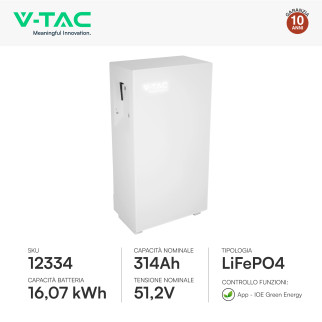 V-Tac Batteria BMS LiFePO4 51,2V 314Ah 16,07kWh Garanzia 10 Anni
