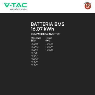V-Tac Batteria BMS LiFePO4 51,2V 314Ah 16,07kWh Garanzia 10 Anni Nera