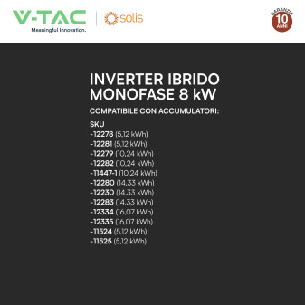 V-Tac Inverter Monofase Ibrido On-Grid / Off-Grid 8kW IP66