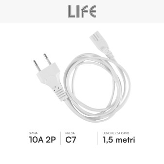Cavo di Alimentazione C7 con Spina 10A 2P Bianco da 1,5m Life