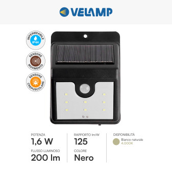 Dory Applique 1,6W IP44 con Pannello Solare e Sensore Velamp