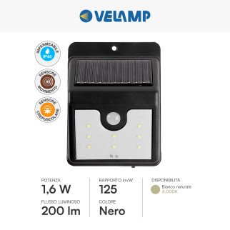 Dory Applique 1,6W IP44 con Pannello Solare e Sensore Velamp