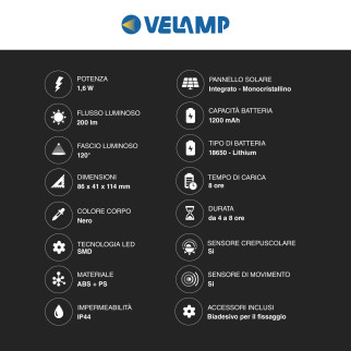 Dory Applique 1,6W IP44 con Pannello Solare e Sensore Velamp