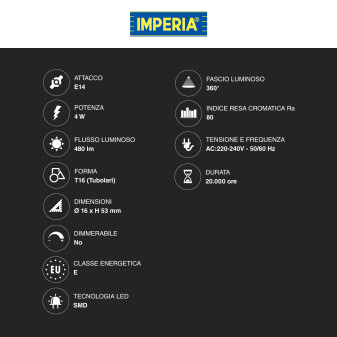 Imperia Lampadina LED E14 4W Tubolare T16 SMD Trasparente