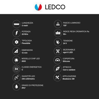 LEDCO Striscia LED 2835 Flessibile 100W 240 LED/m IP67 CRI≥90 5m
