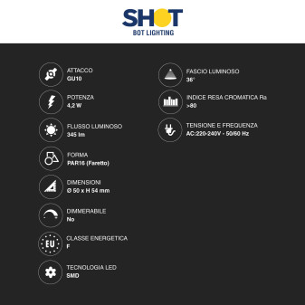 Faretto LED GU10 4,2W PAR16 SMD 36° Bot Lighting Shot