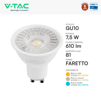 Faretto LED GU10 7,5W PAR16 SMD Chip CREE V-Tac
