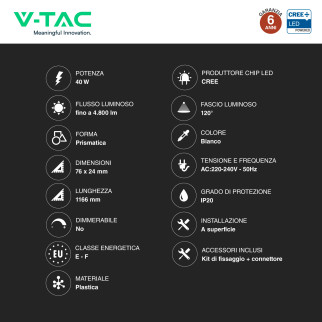 Tubo LED Prismatico 40W 120cm SMD Chip CREE V-Tac