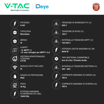 V-Tac Inverter Monofase Ibrido On-Grid / Off-Grid 8kW IP65