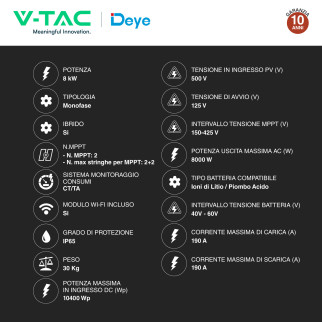 V-Tac Inverter Monofase Ibrido On-Grid / Off-Grid 8kW IP65