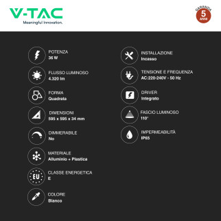 V-Tac VT-6235 Pannello LED Quadrato 36W IP65 da Incasso
