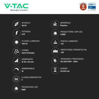Faretto LED GU10 6W PAR16 SMD Chip CREE V-Tac
