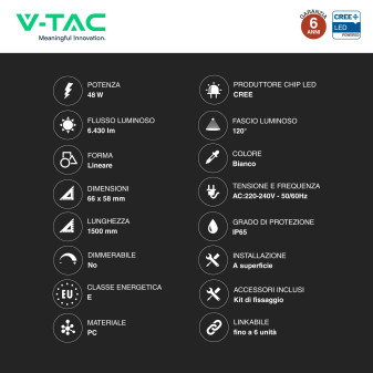 Plafoniera Tubo LED Linkabile 48W 150cm SMD CREE IP65