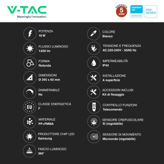 Plafoniera LED 18W SMD Samsung IP44 con Sensore V-Tac Pro