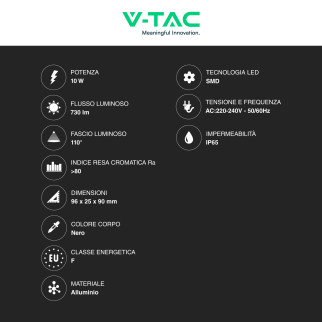Faro LED 10W SMD IP65 Colore Nero V-Tac VT-44012