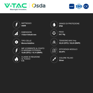Pannelli Fotovoltaici 440W STC 488W BNPI TOPCon IP68 V-Tac Austa Osda