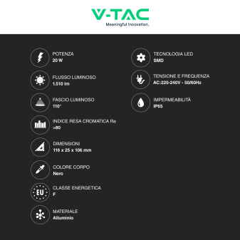 Faro LED 20W SMD IP65 Colore Nero V-Tac VT-44022