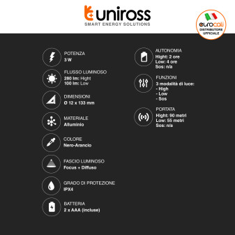 Uniross GX100 Torcia LED 3W Tascabile Multifunzione IPX4