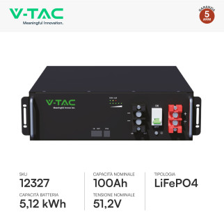 V-Tac Batteria BMS LiFePO4 51,2V 100Ah 5,12kWh Garanzia 5 Anni