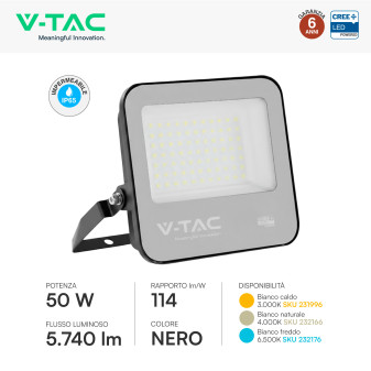 Faro LED 50W SMD Chip CREE IP65 Colore Nero VT-4455