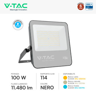 Faro LED 100W SMD Chip CREE IP65 Colore Nero VT-44101