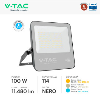 Faro LED 100W SMD Chip CREE IP65 Colore Nero VT-44101