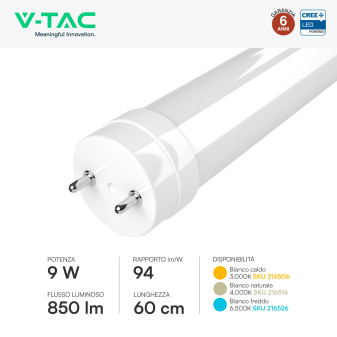 Tubo LED T8 G13 9W SMD CREE Nano-Plastic 60cm con Starter V-Tac