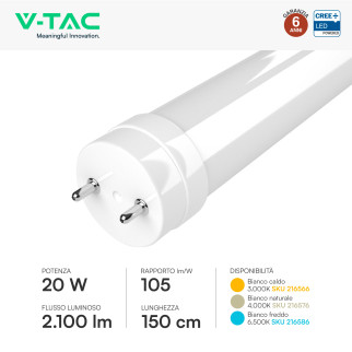 Tubo LED T8 G13 20W SMD CREE Nano-Plastic 150cm con Starter V-Tac