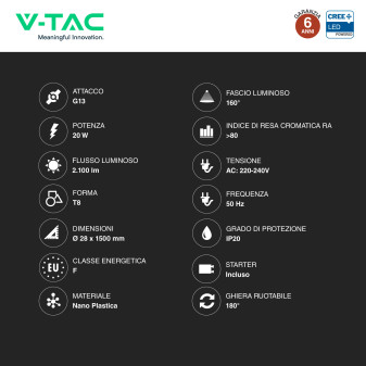 Tubo LED T8 G13 20W SMD CREE Nano-Plastic 150cm con Starter V-Tac