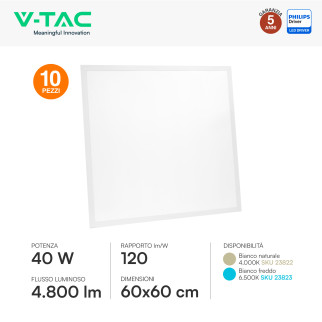 10 Pannelli LED Quadrati 40W SMD con Driver Philips V-Tac