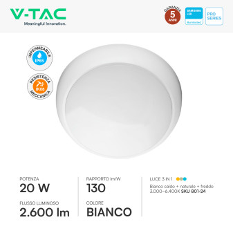 Plafoniera LED 20W SMD Samsung IP65 IK08 3in1 CCT V-Tac Pro