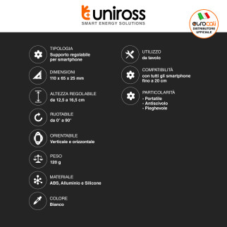 Uniross Supporto Smartphone Portatile Pieghevole Antiscivolo Bianco