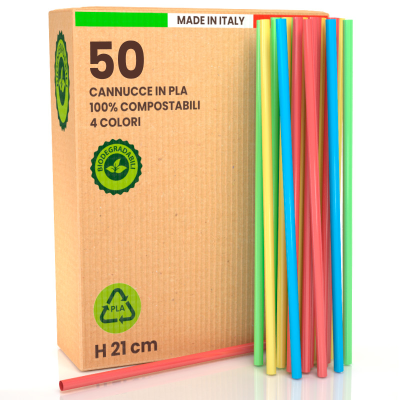 50 Cannucce Colorate in PLA 21cmx6,8mm Biodegradabili Lisce
