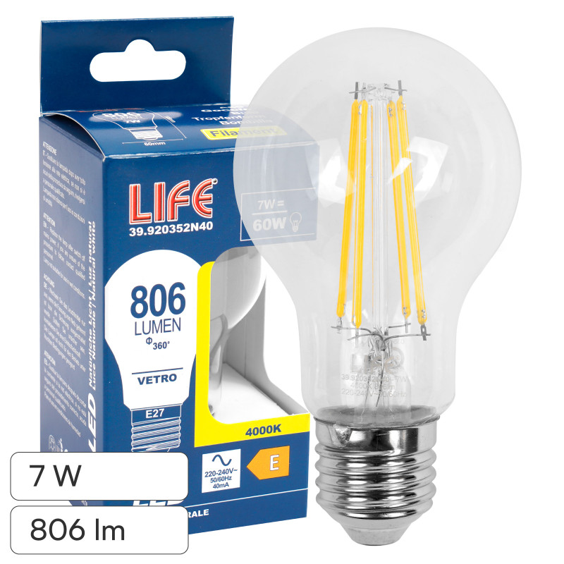 Life Lampadina LED E27 7W Goccia A60 Filament in Vetro Trasparente