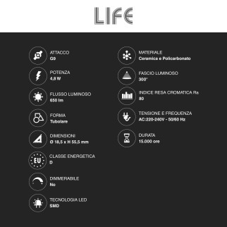 Life Lampadina LED G9 4,8W Tubolare SMD Trasparente in Ceramica