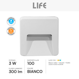 Segnapasso LED 3W Quadrato da Parete CCT 3in1 IP65 IK08 Bianco