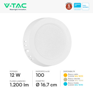 V-Tac Pro VT-60012 Mini Pannello LED Rotondo 12W SMD Chip Samsung