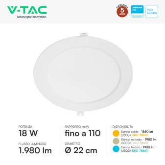 V-Tac Pro VT-61018 Mini Pannello LED Rotondo 18W SMD Chip Samsung