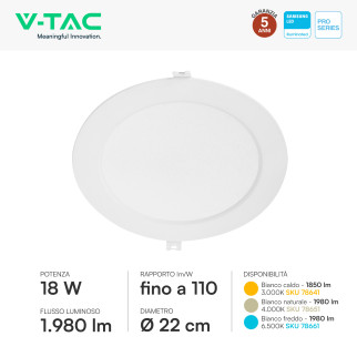 V-Tac Pro VT-61018 Mini Pannello LED Rotondo 18W SMD Chip Samsung